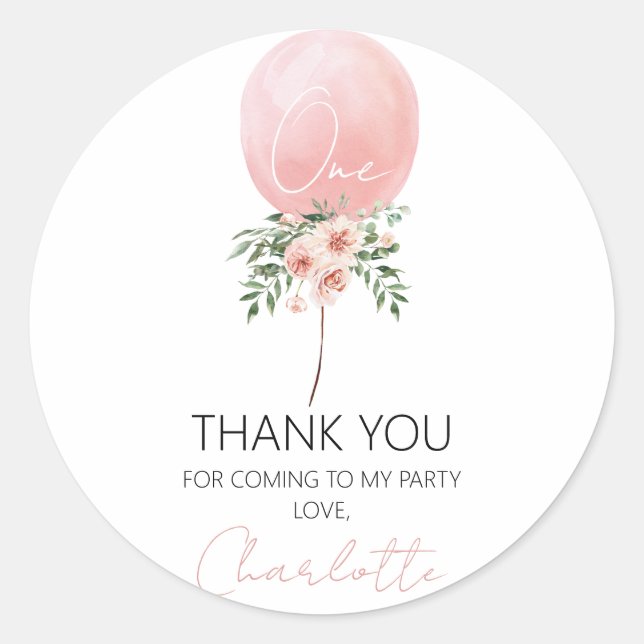 Pink Floral Balloon First Birthday Thank You Stick Classic Round Sticker (Front)
