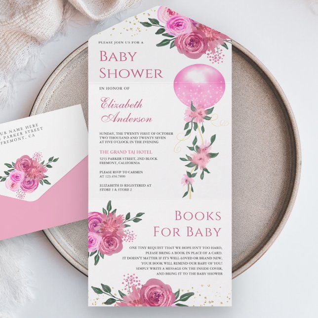 Pink Floral Balloon Girl Baby Shower All In One Invitation (Creator Uploaded)