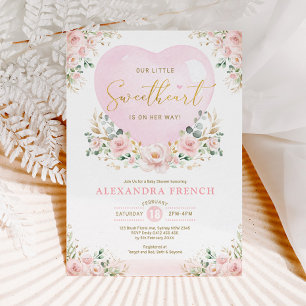 Pink Floral Balloon Sweetheart Baby Girl Shower Invitation