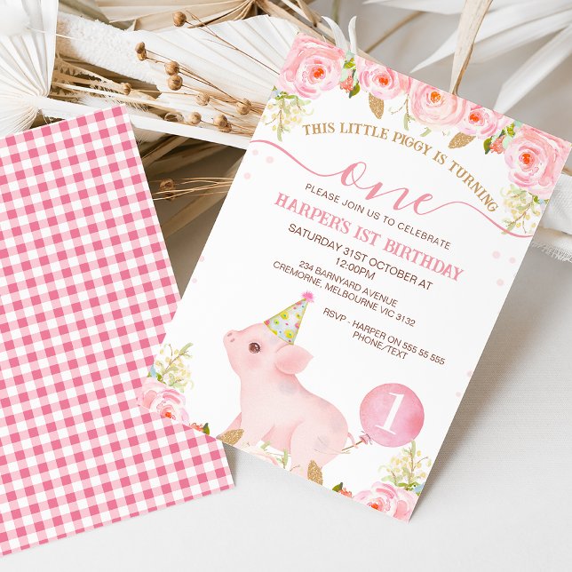 Pink Floral Balloon This Little Piggy 1st Birthday Invitation (Sweet little piggy first birthday invitation featuring a cute pig wearing a party hat and balloon. )