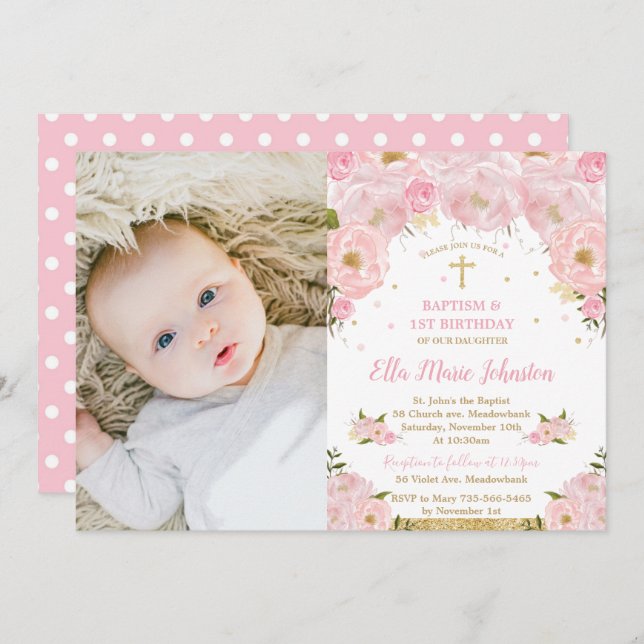 Pink Floral Baptism 1st Birthday Party Photo Invitation (Front/Back)