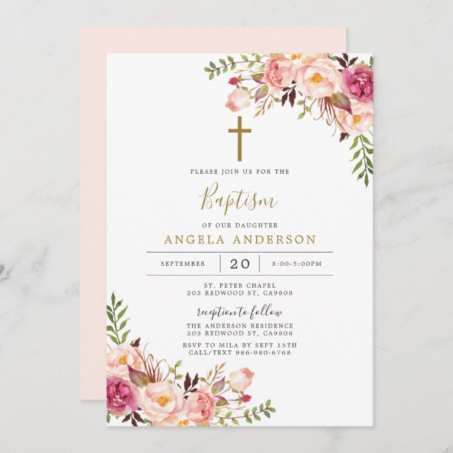 Pink Floral Baptism/Christening Invitation (Front/Back)