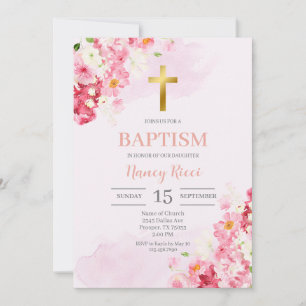 Pink Floral Baptism for girl Invitation