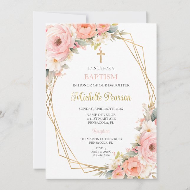 Pink floral baptism invitation (Front)