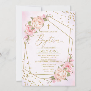 Pink Floral Baptism Invitation