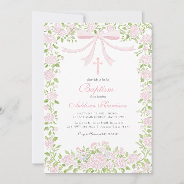 Pink floral Baptism Invitation, Girl Baptism,  Invitation (Front)