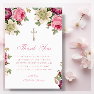 Pink Floral   Baptism Thank You Card