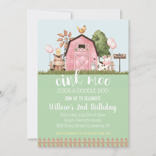 Pink Floral Barn Farm Animals Birthday Invitation (Front)