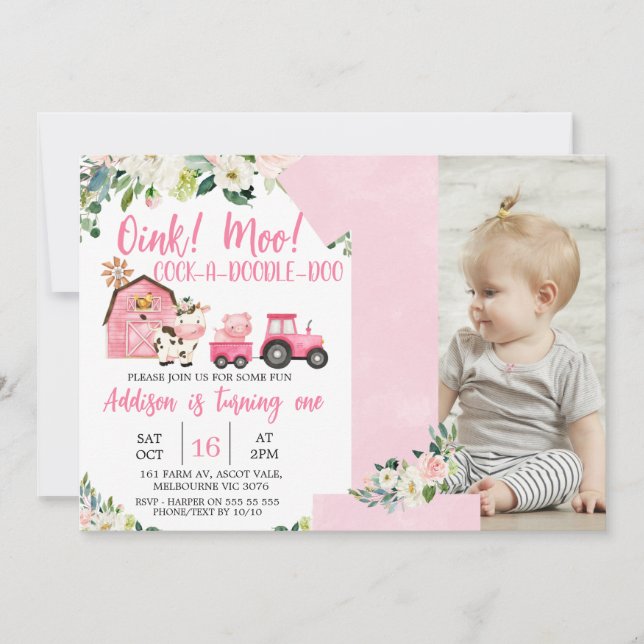 Pink Floral Barn Tractor Farm 1st Birthday Invitation (Front)