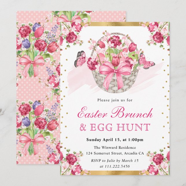 Pink Floral Basket and Butterflies Easter Brunch Invitation (Front/Back)