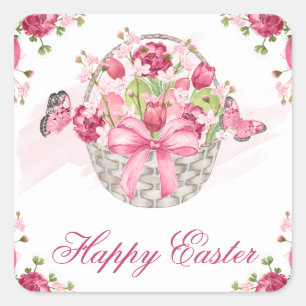 Pink Floral Basket and Butterflies Happy Easter Square Sticker