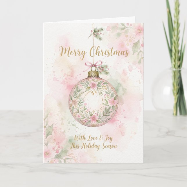 Pink Floral Bauble Merry Christmas Card (Front)