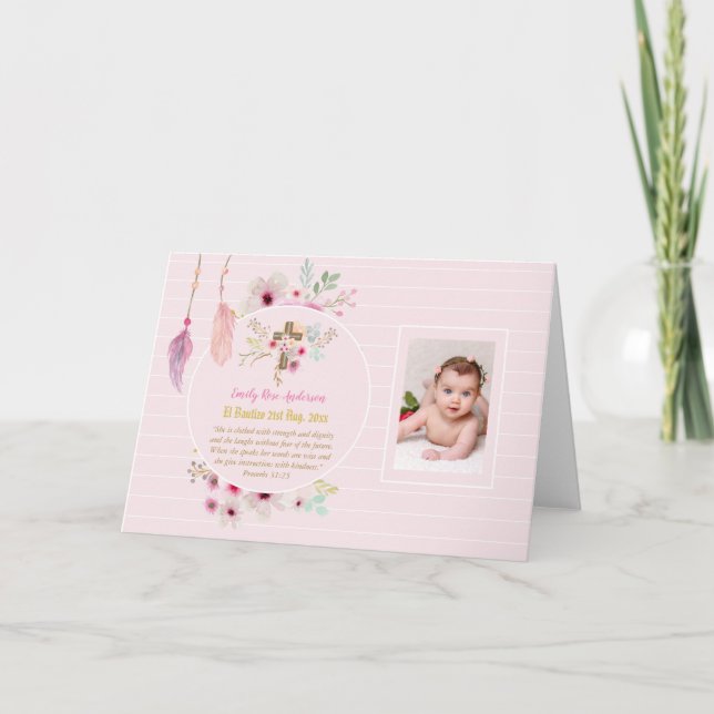 Pink Floral BAUTIZO Baptism Bible Verse Photo Girl Card (Front)