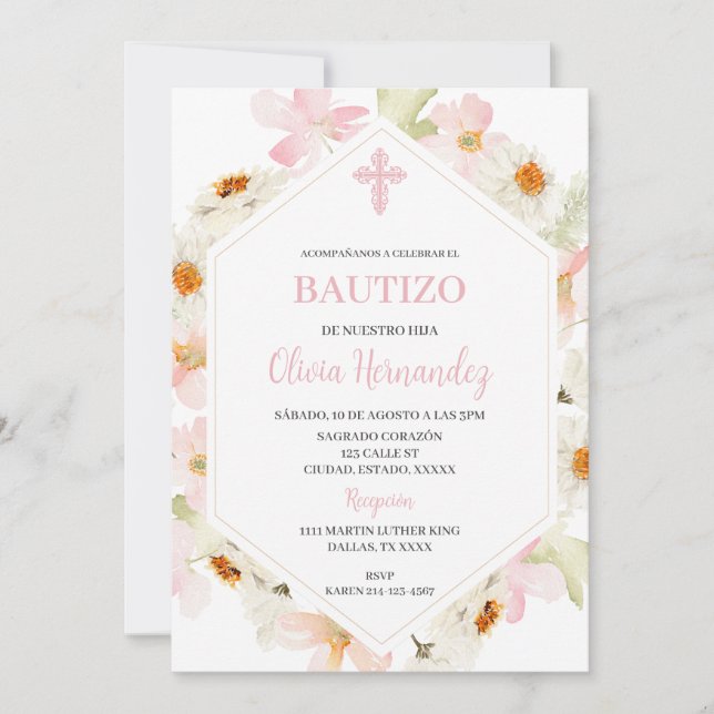 Pink Floral Bautizo Spanish Invitation (Front)