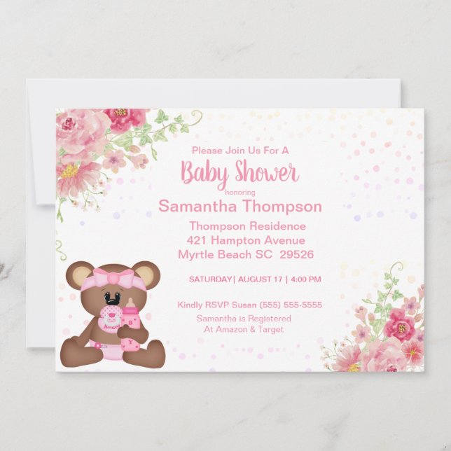 Pink Floral Bear Baby Shower   Invitation (Front)