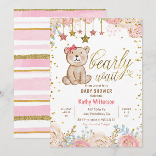 Pink Floral Bear Baby Shower Invitation