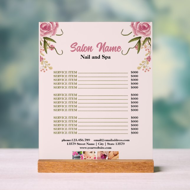 Pink  Floral Beauty Nail Salon Price List menu Acrylic Sign (Neutral)