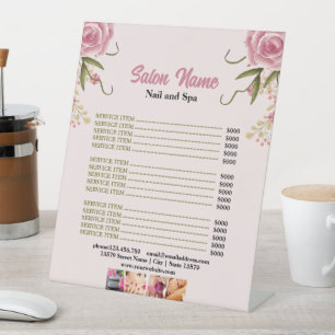 Pink Floral Beauty Nail Salon Price List menu Pedestal Sign