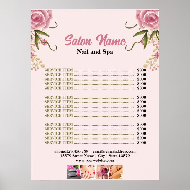 Pink  Floral Beauty Nail Salon Price List menu Poster (Front)