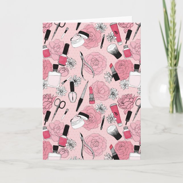 Pink Floral Beauty Products Pattern Card (Front)
