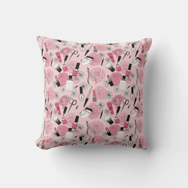 Pink Floral Beauty Products Pattern Cushion (Front)