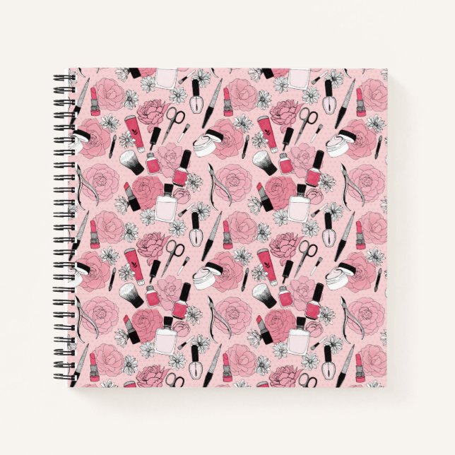 Pink Floral Beauty Products Pattern Notebook (Front)