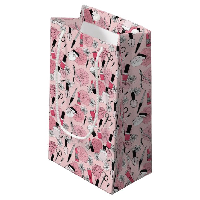 Pink Floral Beauty Products Pattern Small Gift Bag (Front Angled)