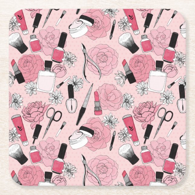 Pink Floral Beauty Products Pattern Square Paper Coaster (Front)