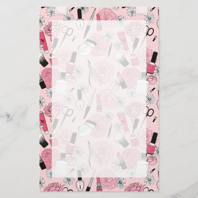 Pink Floral Beauty Products Pattern Stationery (Front)