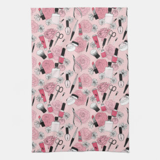 Pink Floral Beauty Products Pattern Tea Towel