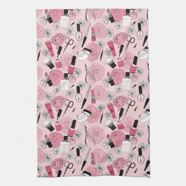 Pink Floral Beauty Products Pattern Tea Towel (Vertical)