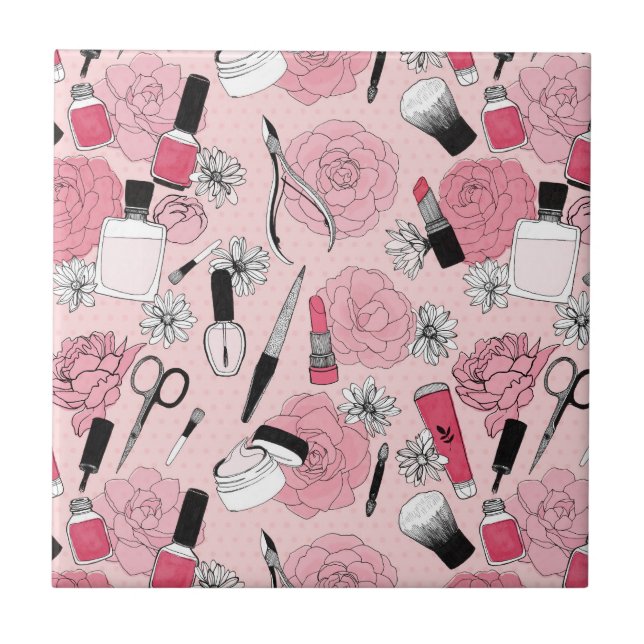Pink Floral Beauty Products Pattern Tile (Front)