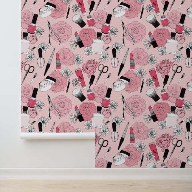 Pink Floral Beauty Products Pattern Wallpaper (Application)