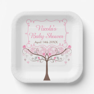 Pink Floral Bird Baby Shower Paper Plate