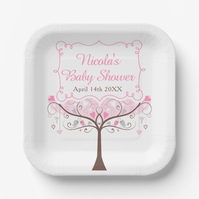 Pink Floral Bird Baby Shower  Paper Plate (Front)