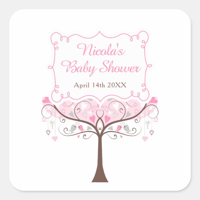 Pink Floral Bird Baby Shower Thank You Square Sticker (Front)
