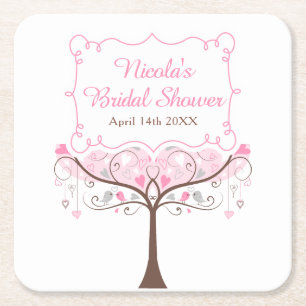 Pink Floral Bird Bridal Shower Square Paper Coaster