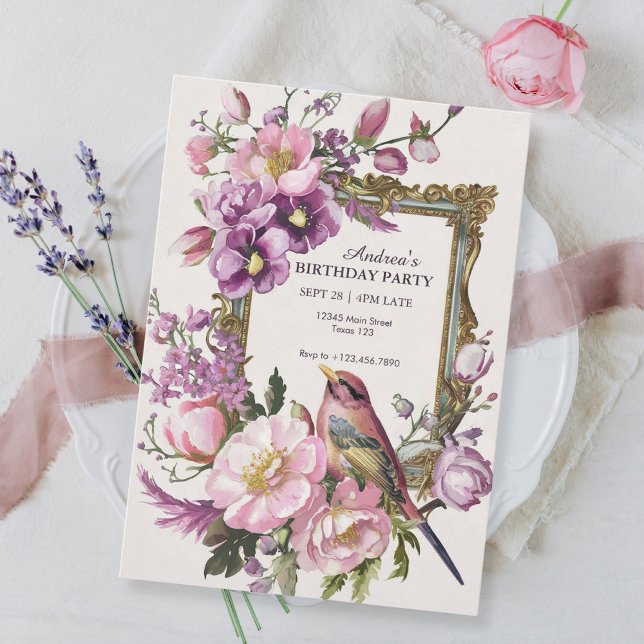 Pink floral bird watercolor Birthday Invitation (Creator Uploaded)
