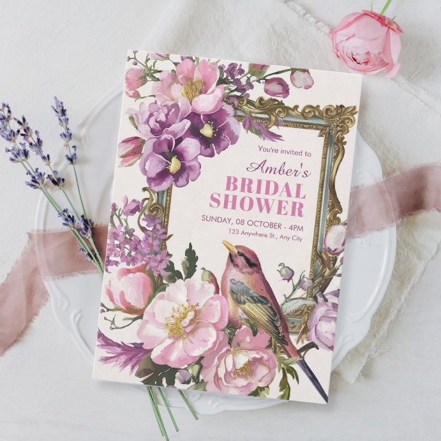 Pink floral bird watercolor bridal shower invitation (Creator Uploaded)