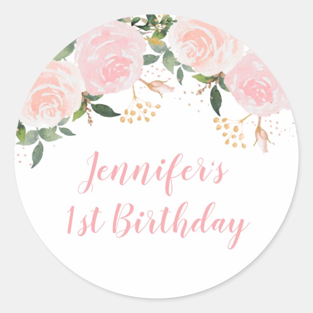 Pink Floral Birthday Classic Round Sticker (Front)
