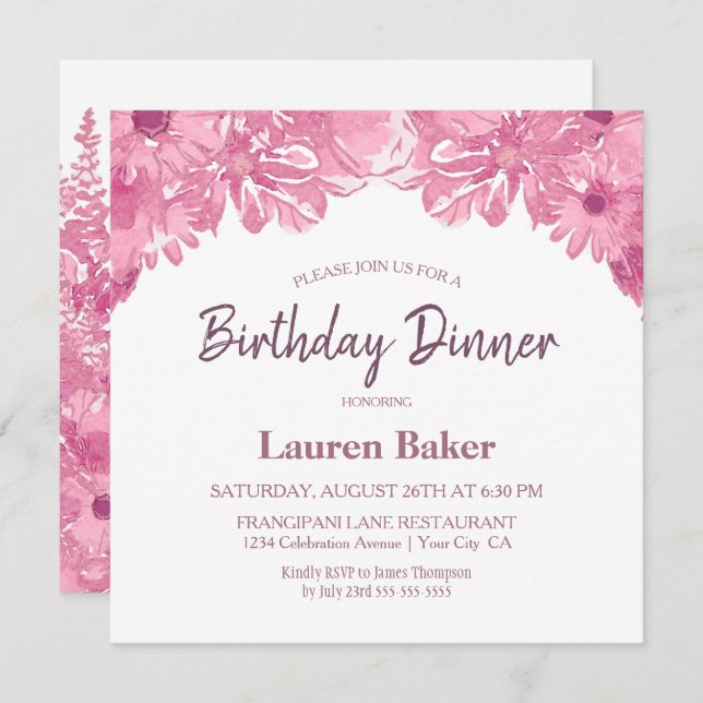 Pink Floral Birthday Dinner Party Invitation (Front/Back)