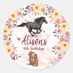 Pink Floral Birthday Horse Birthday Party  Classic Round Sticker