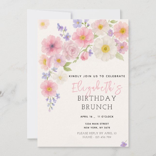 Pink Floral Birthday Invitation (Front)
