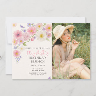Pink Floral Birthday Invitation With Photo
