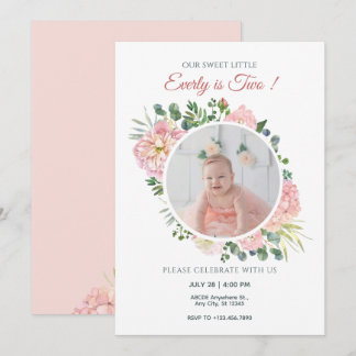 Pink floral birthday photo invitation