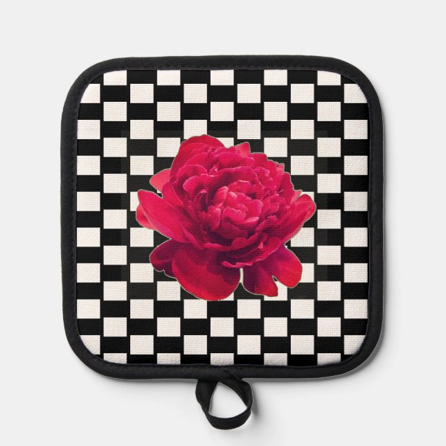 Pink Floral Black and White Chequered 4Jan Pot Holder (Front)