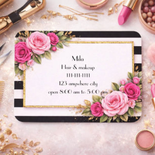 pink floral black and white stripe business card