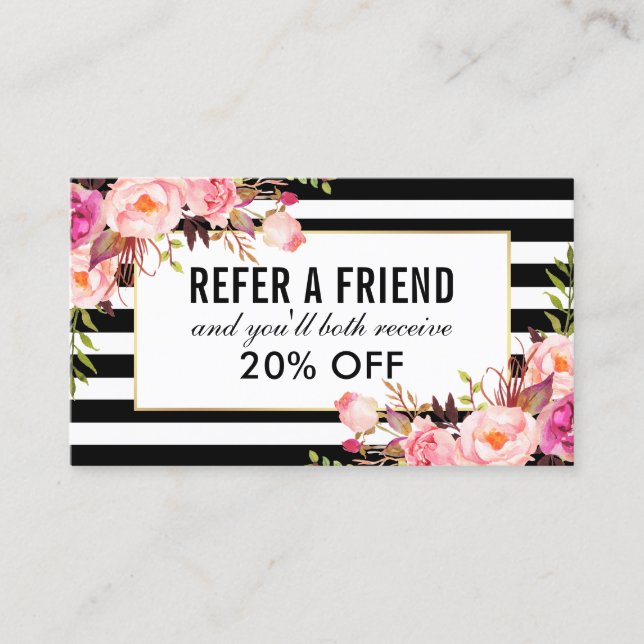 Pink Floral Black and White Striped Referral Business Card (Front)