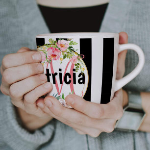 pink Floral black and white Stripes monogram Coffee Mug