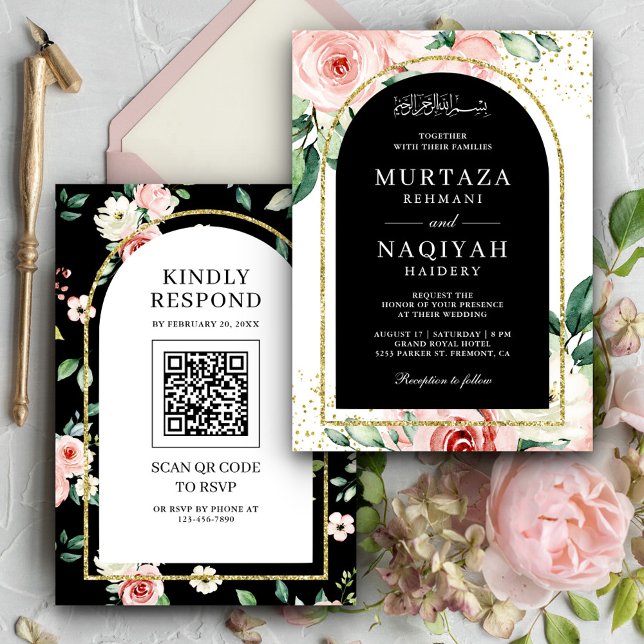 Pink Floral Black Arch QR Code Muslim Wedding Invitation (Creator Uploaded)